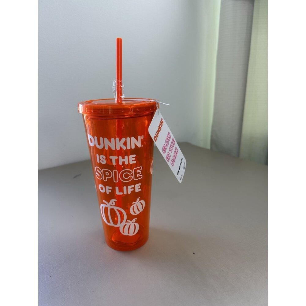 Dunkin Donuts Glow In The Dark Tumbler Cup Straw 24oz Orange Pumpkin Spice NWT - Picture 2 of 12